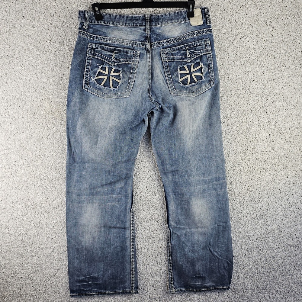 Helix Relaxed Boot Cut Jeans 36x32 Cross Distressed 90s Thick Stitch Y2K